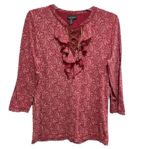 Lauren Ralph Lauren Womens Ruffle Paisley Top Size Large Red Lace Up Renaissance